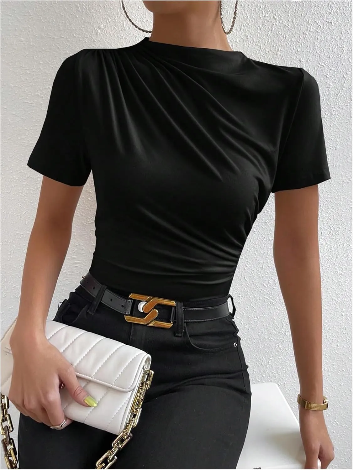 SweatyRocks Women's Ruched Mock Neck T Shirt Short Sleeve Fitted Summer Basic Tops