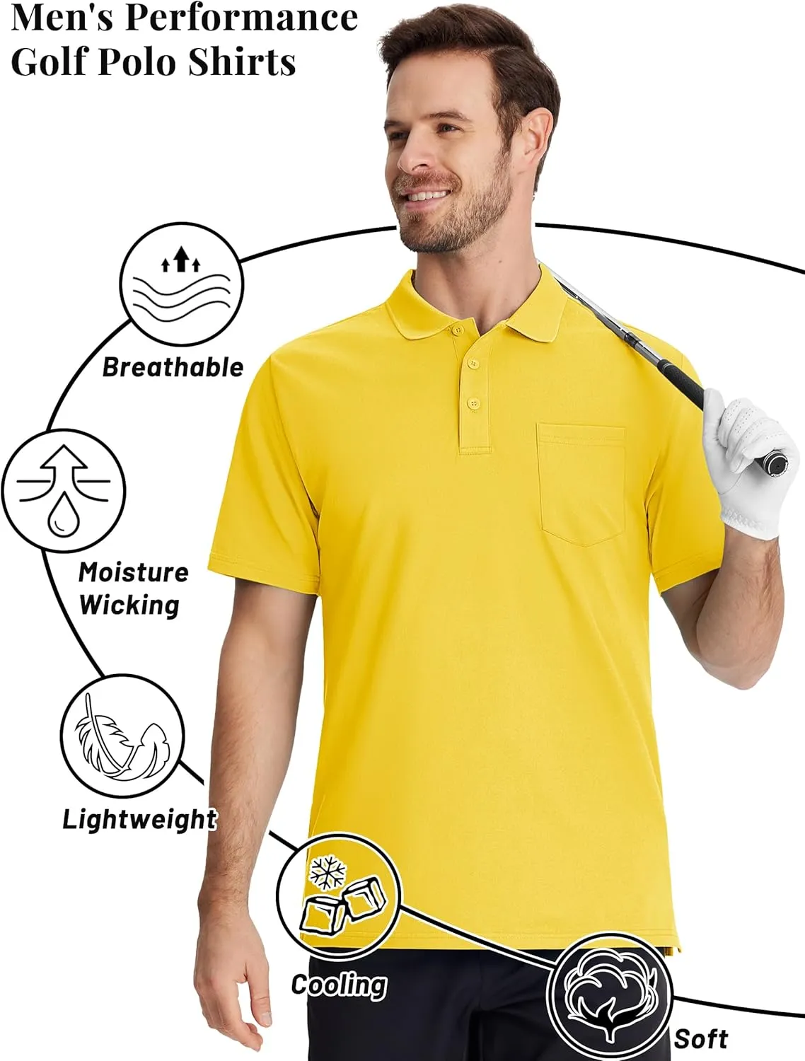 TACVASEN Mens Polo Golf Shirts with Pocket Pique Cooling Performance Moisture Wicking Polo Shirts