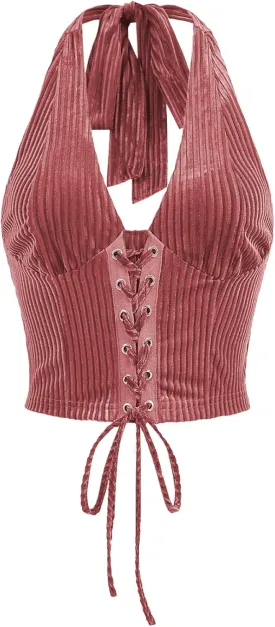Verdusa Women's Sleeveless Halter Neck Lace Up Front Tie Back Crop Top