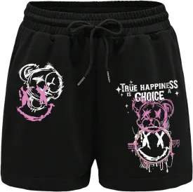 WDIRARA Women's Cartoon Graphic Letter Print Drawstring Elastic Waist Athletic Track Shorts