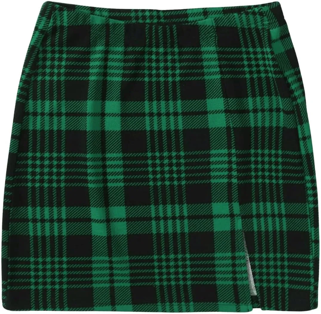 WDIRARA Women's Plaid Print Slit Hem Mini Pencil Skirt High Waist Bodycon Short Skirts