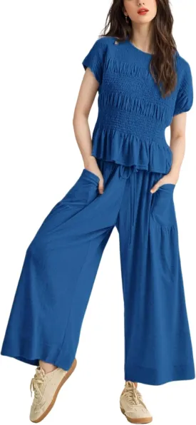 Womens 2 Piece Smocked Top Wide-Leg Pants Set High-Waisted Lounge Outfit with Pockets Casual Boho Matching Set