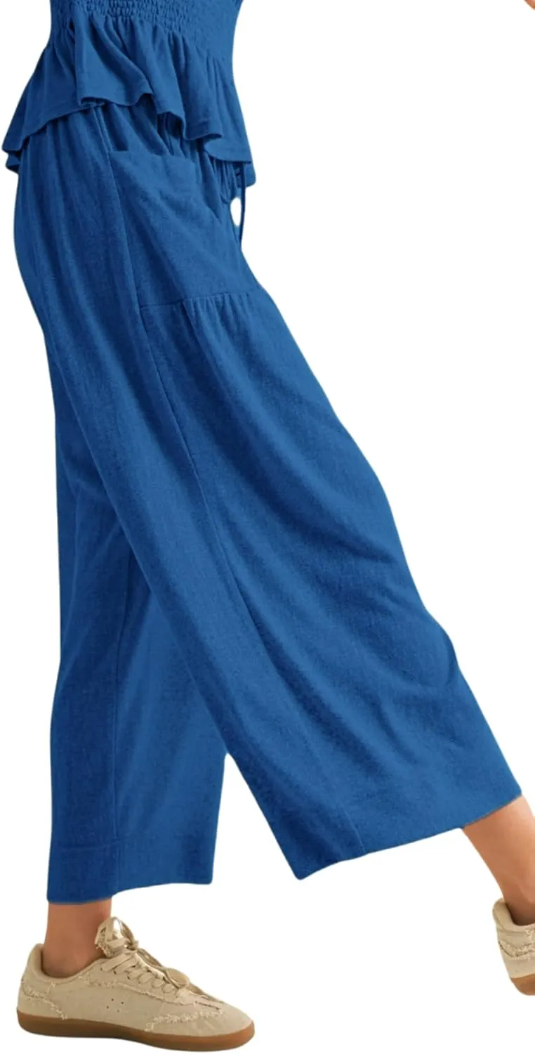 Womens 2 Piece Smocked Top Wide-Leg Pants Set High-Waisted Lounge Outfit with Pockets Casual Boho Matching Set