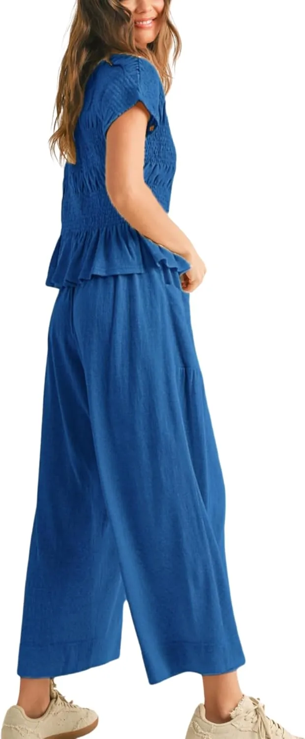Womens 2 Piece Smocked Top Wide-Leg Pants Set High-Waisted Lounge Outfit with Pockets Casual Boho Matching Set