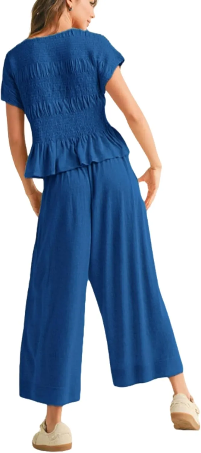 Womens 2 Piece Smocked Top Wide-Leg Pants Set High-Waisted Lounge Outfit with Pockets Casual Boho Matching Set