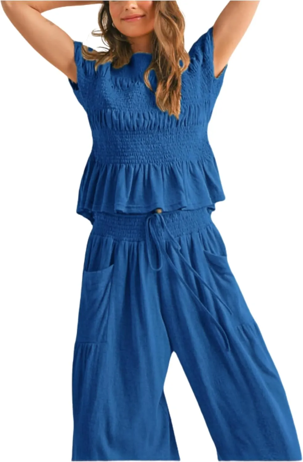 Womens 2 Piece Smocked Top Wide-Leg Pants Set High-Waisted Lounge Outfit with Pockets Casual Boho Matching Set