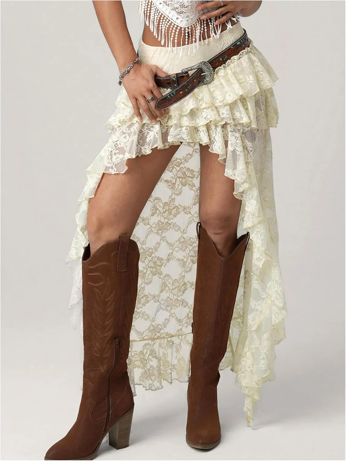 Women's Floral Lace Boho Maxi Skirt Drop Waist Ruffle Sheer Mesh Cowgirl Vacation Skirt